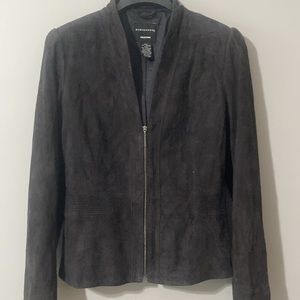 100% leather, dark gray suede jacket with detailed stitching